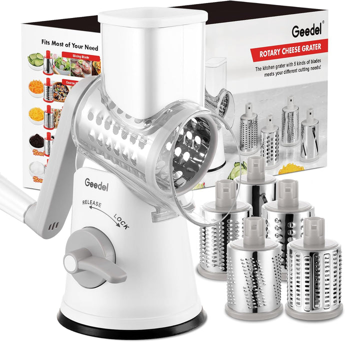 Geedel Rotary Cheese Grater Cheese Shredder - Upgraded 5-in-1 Cheese Grater with Handle and Strong Suction Base, Multi-purpose Vegetable Slicer Ice Shaver Nuts Grinder for Ice, Vegetables, Fruit, Nuts