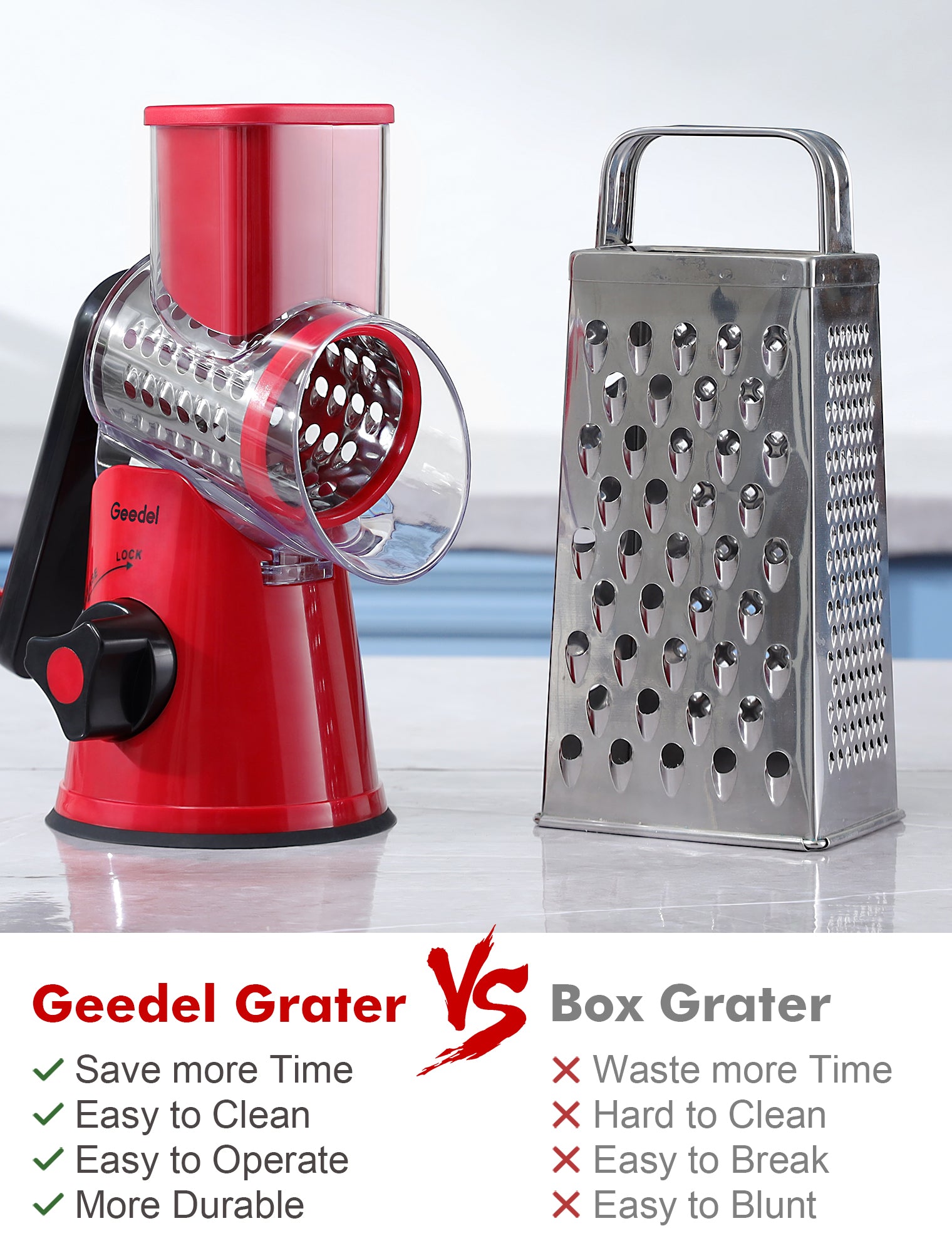 Geedel Rotary Cheese Grater, Kitchen Mandoline Vegetable Slicer with 3  Interchangeable Blades, Easy to Clean Rotary