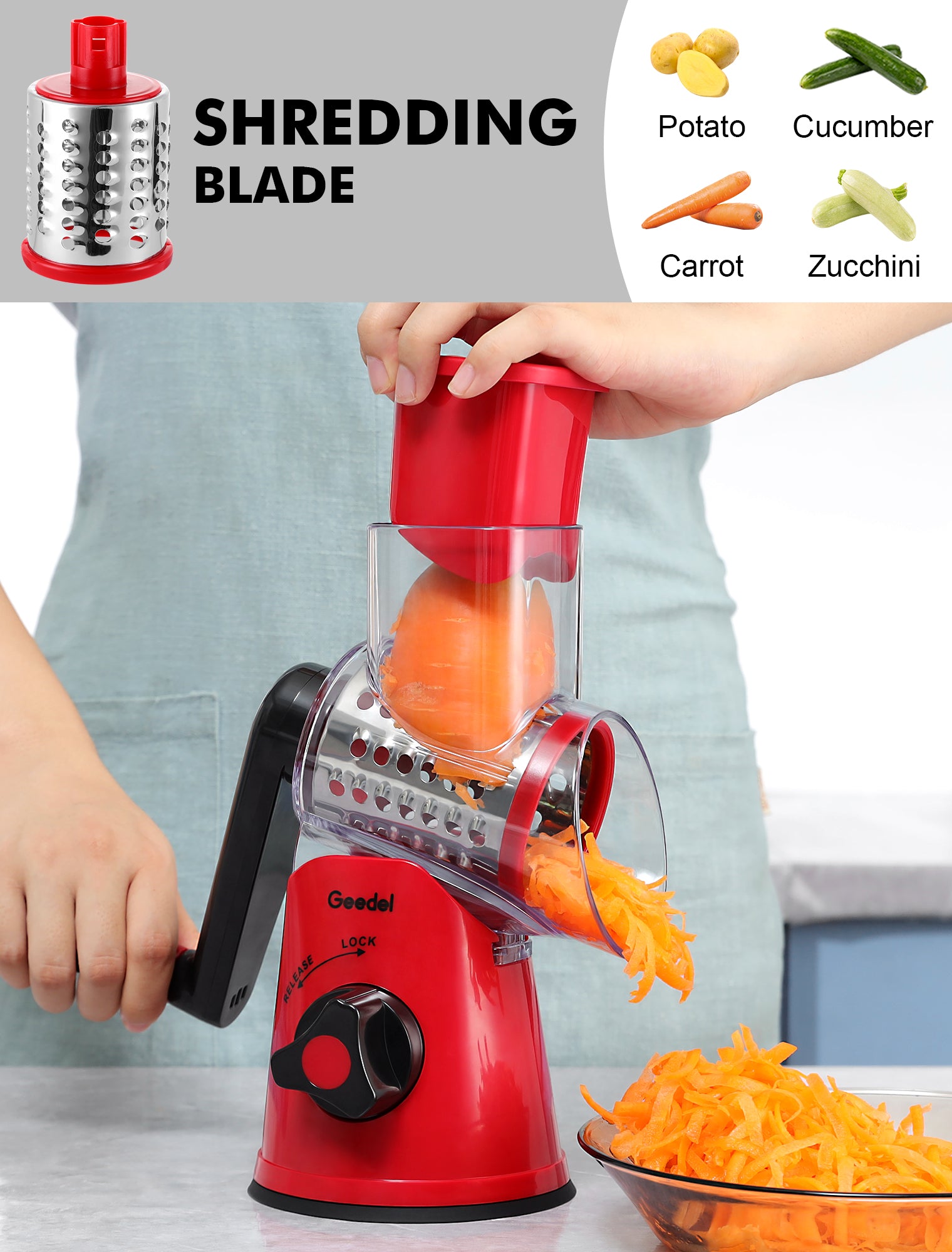Rotary Cheese Grater, Kitchen Vegetable Slicer with 3 Interchangeable  Blades