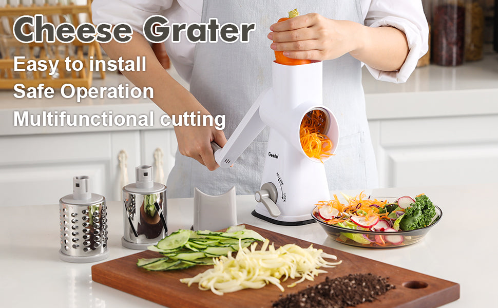 Geedel Rotary Cheese Grater, Kitchen Mandoline Vegetable Slicer with 3  Interchangeable Blades, Easy to Clean Rotary